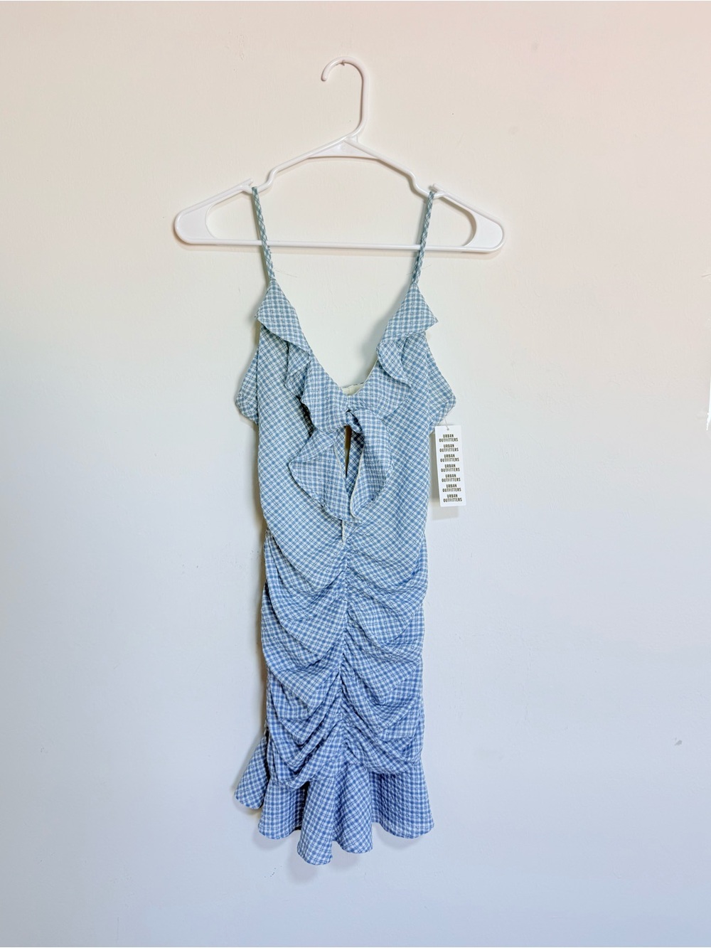 Fitted Ruched Light Blue Ruffle Gingham Mini Dress